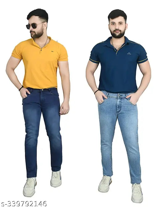Men's fashion casual style jean shirt and pants set, blue denim with white stitching