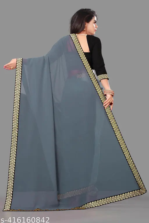 Georgette silk soft saree with superior Maharani lace border, cotton slub blouse for Indian festivities and weddings