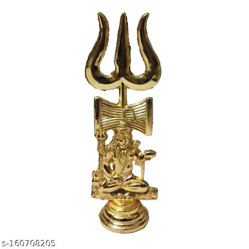 Brass Shiva Damaru Trishul Stand - 11cm Indian religious statue symbolizing wealth, prosperity, and protection