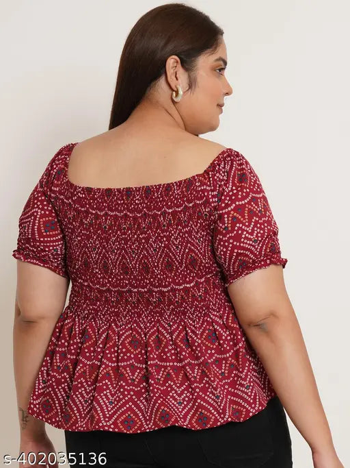 Maroon plus size bandhani print crepe top with square neck and puff sleeves, woven from India