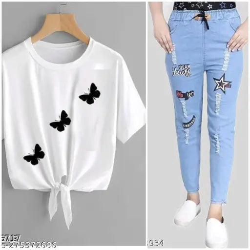 Unique denim light jogger & jeans with cotton blend t-shirt combo pack 2, trendy feminine style for women's casual wear
