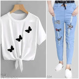 Unique denim light jogger & jeans with cotton blend t-shirt combo pack 2, trendy feminine style for women's casual wear