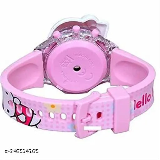 Pink digital kids watch with music, face cover, LED light, glow in dark feature