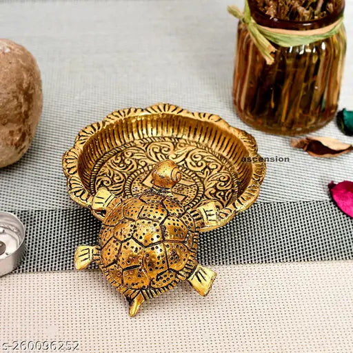Metal gold tortoise plate showpiece for Feng Shui, Vastu, home, temple, office, gifting - decorative art for luck, love, happiness, prosperity (45cm x 13cm x 13cm)