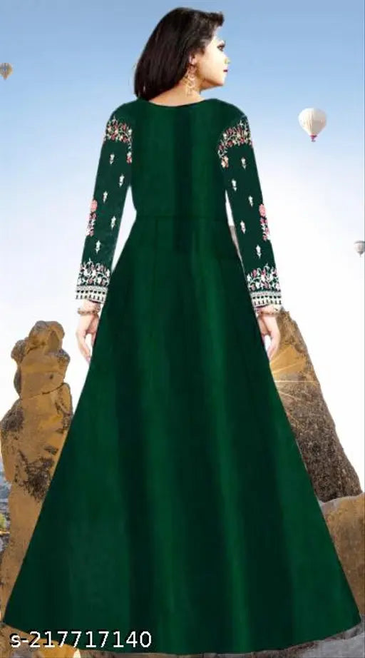 Green taffeta silk embroidered semi-stitched gown for women, high-quality free size with long sleeves