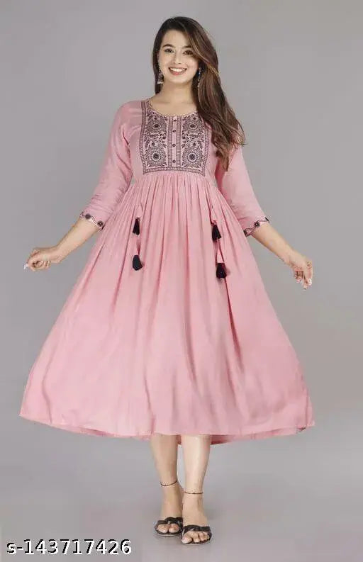Rayon embroidered flared Anarkali Kurta for women, trendy Bollywood style with three-quarter sleeves, festive occasion wear from India