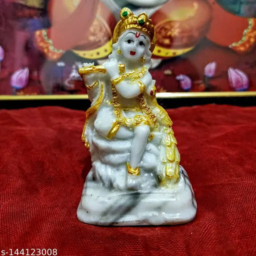 Handcrafted 4-inch Lord Krishna Idol with flute, traditional Hindu religious art from India for home/office decor
