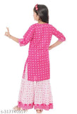 Rayon ethnic wear for kids, three-quarter sleeve printed kurta set with bottomwear and chiffon dupatta, Indian traditional clothing for 5-9 years