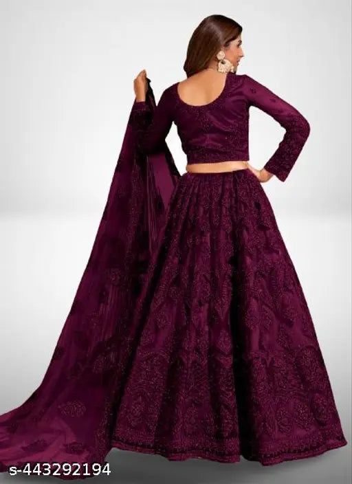 Embroidered semi-stitched net lehenga choli set, Indian bridal wear with dupatta, max length 44in, origin India