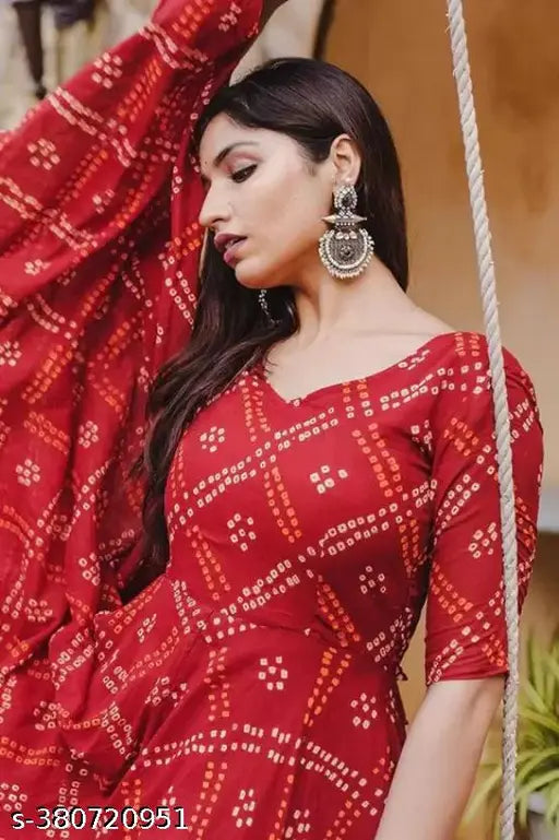 Red Bandhej ankle length rayon kurti, printed combo on Indian woman wearing casually
