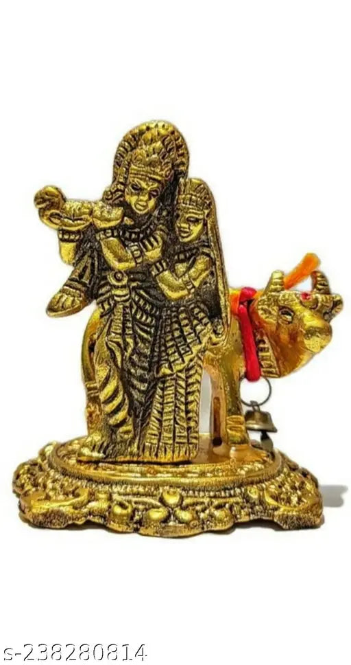 Lord Radha Krishna idol with Kamadhenu cow, spiritual showpiece for home decoration, vastu gift item, 35 inches tall, gold color
