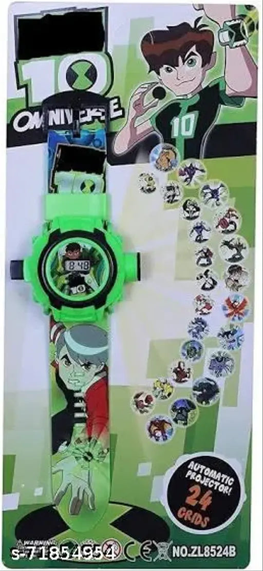 Black and silver Benten projector wristwatch with various stickers on the face