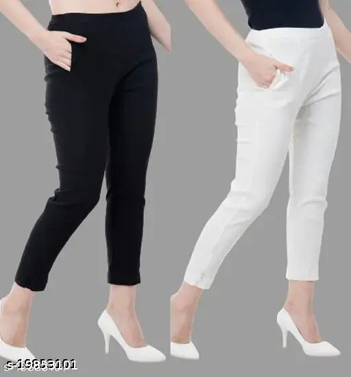 Women's cotton blend solid-colored trouser/pants combo set of 2 for stylish fit, available in various sizes from 26 to free size, origin India