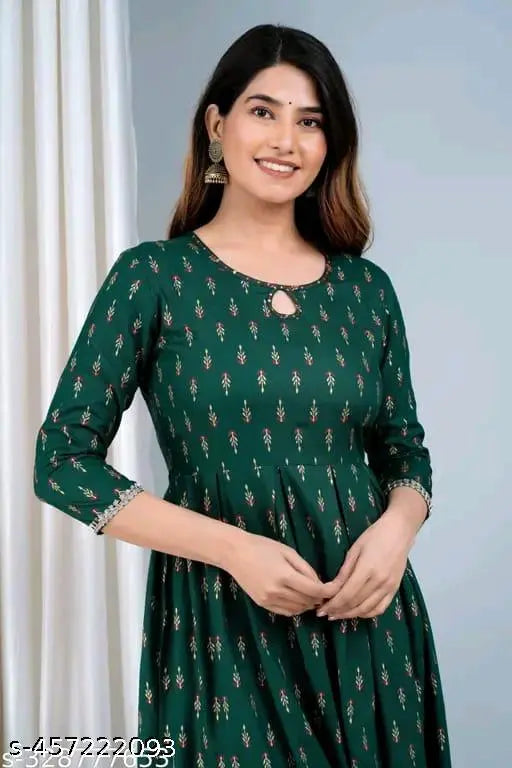 Rayon printed Anarkali gown with three-quarter sleeves, vibrant Indian print on XL size (bust 42in, length 44in)