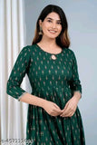 Dark green anarkali dress, long sleeves, round neck, knee-length