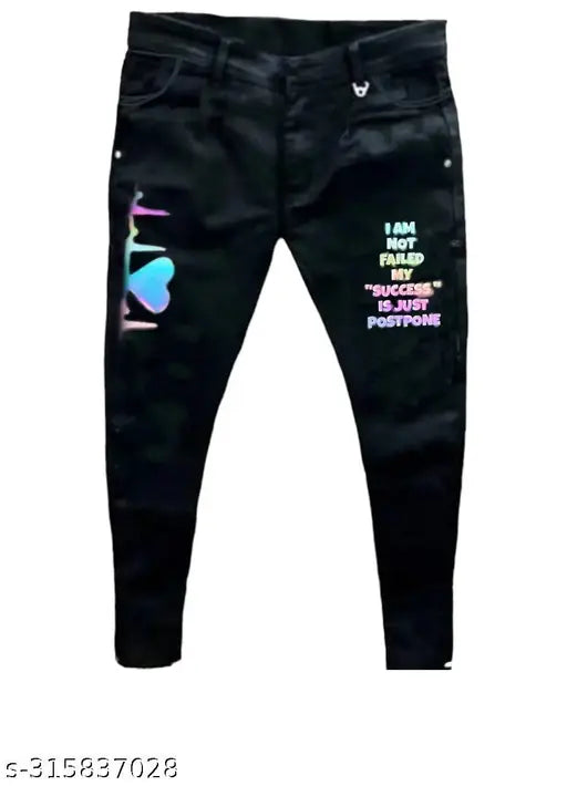 Men's denim printed jeans, size 30, blue denim with placement print, on a hanger from India