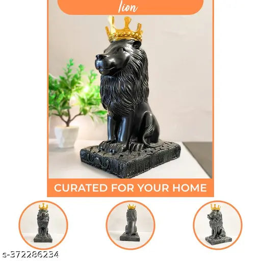 Black polyresin lion figurine with crown, home decorative showpiece (28 cm)