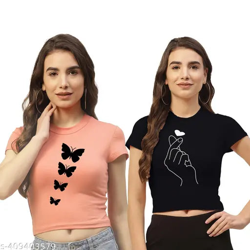 Quirky Trails printed cotton blend crop top t-shirts for women, vibrant colors, short sleeves, and versatile casual wear (India)