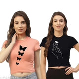 Quirky Trails printed cotton blend crop top t-shirts for women, vibrant colors, short sleeves, and versatile casual wear (India)