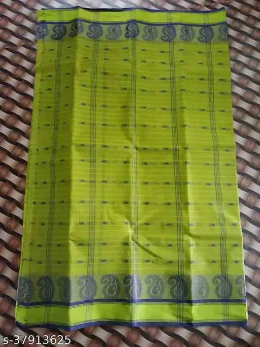 Vibrant yellow saree with intricate blue border, silk fabric, 9 feet length