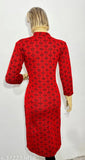 Woolen red kurti with a visible floral design, long sleeves, and a straight cut