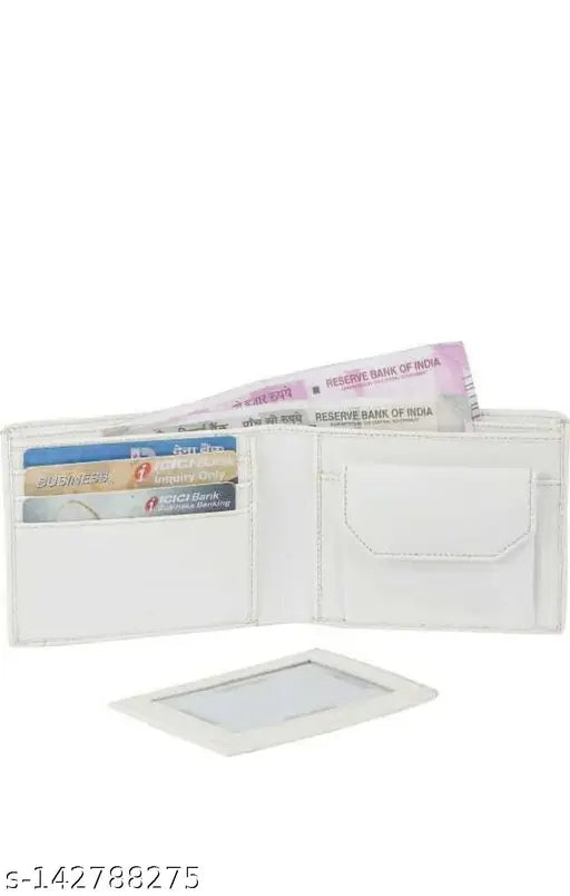 A white wallet with a card slot and a cash pocket, inside a wooden shop display