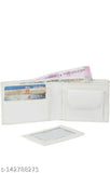 A white wallet with a card slot and a cash pocket, inside a wooden shop display
