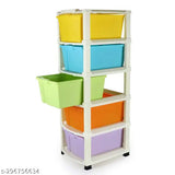 Modular storage cart with five drawers in colors: red, green, blue, yellow, and purple