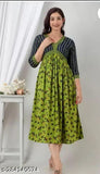 Rayon green middi gown/kurti for women, three-quarter sleeves, printed combo. Classic and trendy rayon kurti with jacket set from India for weddings or occasions