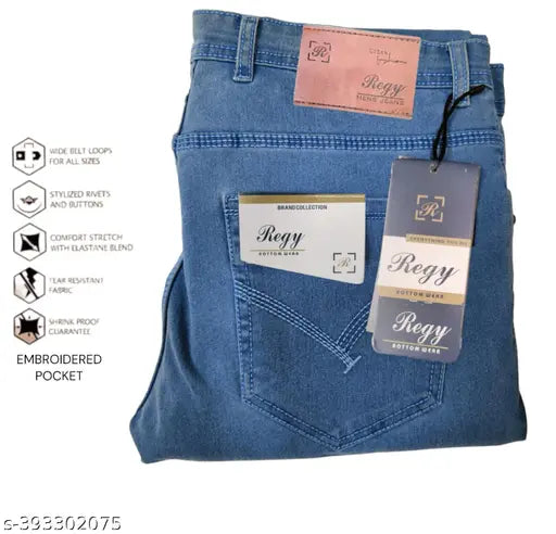 Light Blue Denim Jeans by REGY - High-quality, comfortable slim fit for men's casual, party, or office wear. Perfect addition to your wardrobe. Made in India (30, 34 waist, 41 length, 40 hip)