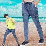 Dark blue denim jogger pants with side pockets and drawstring tie waist