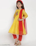 Yellow Chanderi Cotton Kurta Set with Net Dupatta and Bottomwear for Kids Partywear, embroidered three-quarter sleeves style, India origin