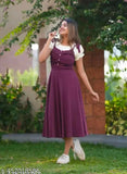 Women's wine-colored rayon dungaree dress, sleeveless with solid shoulder design, classic casual style