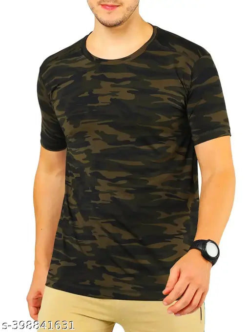 Camo green regular fit half sleeve men's t-shirt, cotton fabric, printed net design