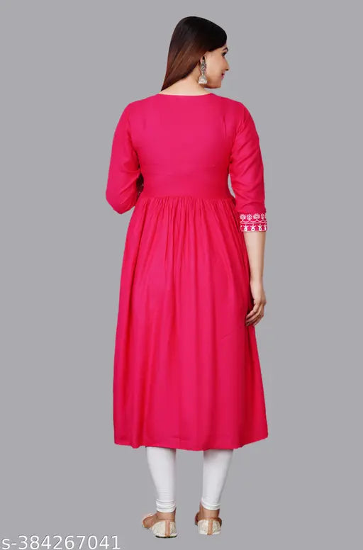 Rayon three-quarter sleeve printed combo trendy gown for women, casual kurti with embroidery on a mannequin, Indian wedding dress, size S (36in bust, 44in length)