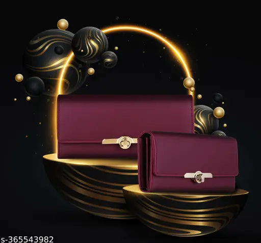 Maroon leather twist-lock clutch wallet with 4 card slots, for women and girls