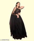 New Sequence Work Black Lehenga Choli in soft velvet net fabric. Embellished top with solid dupatta and net bottomwear. Semi-stitched Indian designer party wear lehenga." (125 characters)