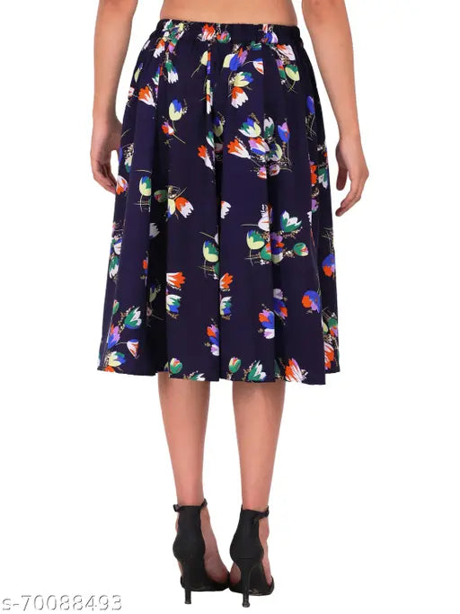 Navy blue women's mid calf length print skirt with brown floral pattern