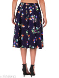 Navy blue women's mid calf length print skirt with brown floral pattern