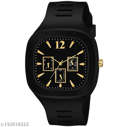 Black analog fashion watch for boys with silicone strap, multiple dials