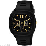Black analog fashion watch for boys with silicone strap, multiple dials