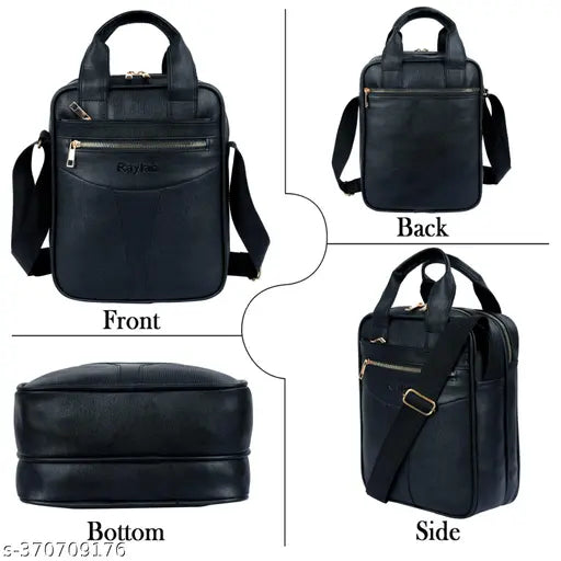 The image shows a black messenger bag with a shoulder strap
