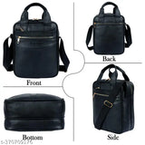 The image shows a black messenger bag with a shoulder strap
