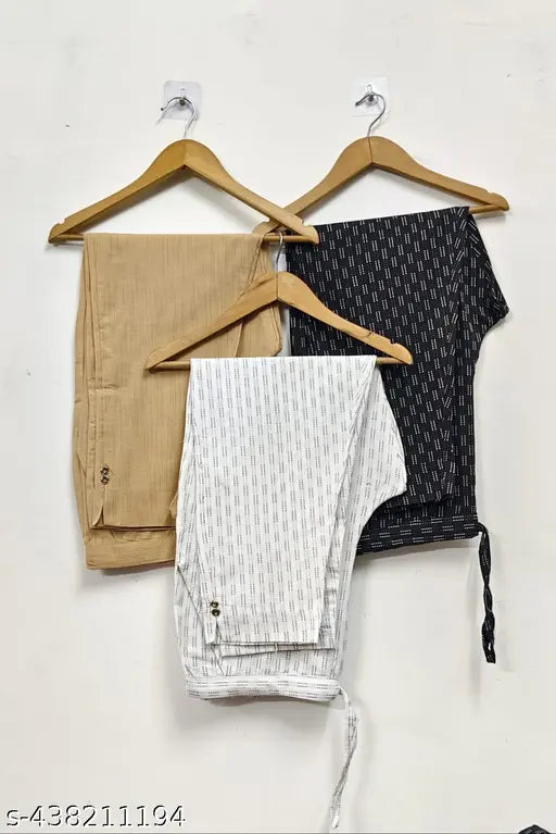 Cotton pants combo pack: 3 pairs black, white, beige - women's fashionable printed pants in India