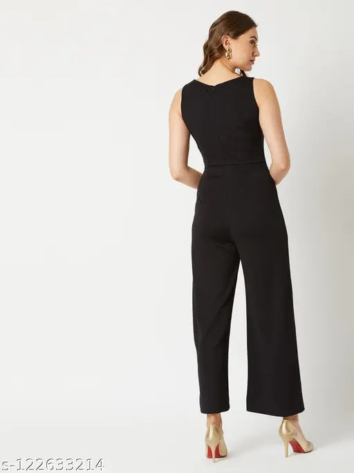 Multicolor polyester jumpsuit, off-white and black knit with asymmetrical neckline and gold buttons, size XS-XL, women's solid stylised Miss Chase design