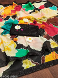 Floral printed long scarf with embellishments and a pink flower