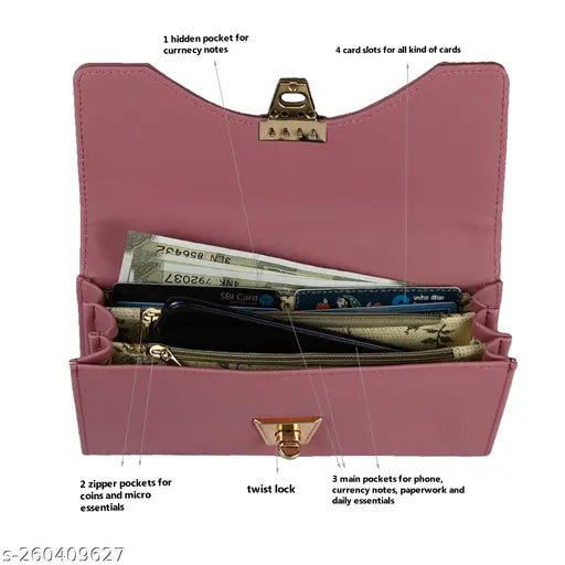 Pink clutch wallet with zip closure and multiple card slots
