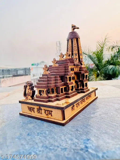 Wooden 3D Ayodhya Temple statue, intricate Ram Darbar idol, Indian handcrafted home office decor (5cm x 9cm x 11cm)