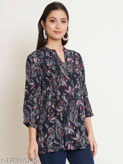 Black viscose rayon longline top, floral printed mandarin collar with pintucks, three-quarter sleeves. Plus size women's fashion, India origin