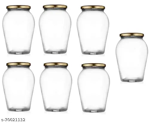 A set of 10 clear glass airtight jars with lids, labeled 1000ml, for storage in kitchen